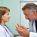 **A doctor in a German hospital consulting with a patient.** Focus on clear communication despite a language barrier, potentially showing visual aids or a translator present. The setting should feel professional and reassuring.