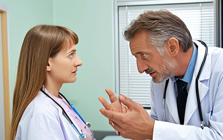 **A doctor in a German hospital consulting with a patient.** Focus on clear communication despite a language barrier, potentially showing visual aids or a translator present. The setting should feel professional and reassuring.