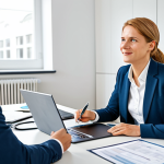 A professional Dutch female entrepreneur, dressed in a modest business suit, engages in a focused consultation with a German male tax advisor in a bright, modern office. They are seated at a clean, organized desk, surrounded by business documents and a laptop, indicating careful financial planning and navigation of German regulations. The scene conveys professionalism and expert guidance. fully clothed, appropriate attire, professional dress, perfect anatomy, correct proportions, natural pose, well-formed hands, proper finger count, natural body proportions, safe for work, appropriate content, family-friendly, high-quality professional photography, natural lighting, sharp focus.