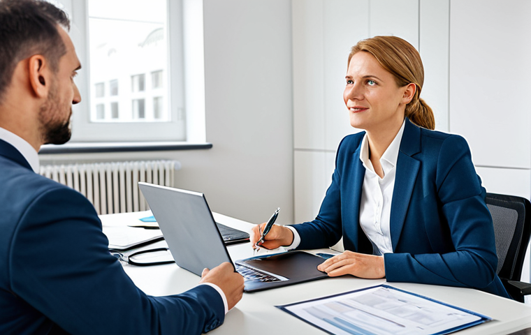 A professional Dutch female entrepreneur, dressed in a modest business suit, engages in a focused consultation with a German male tax advisor in a bright, modern office. They are seated at a clean, organized desk, surrounded by business documents and a laptop, indicating careful financial planning and navigation of German regulations. The scene conveys professionalism and expert guidance. fully clothed, appropriate attire, professional dress, perfect anatomy, correct proportions, natural pose, well-formed hands, proper finger count, natural body proportions, safe for work, appropriate content, family-friendly, high-quality professional photography, natural lighting, sharp focus.