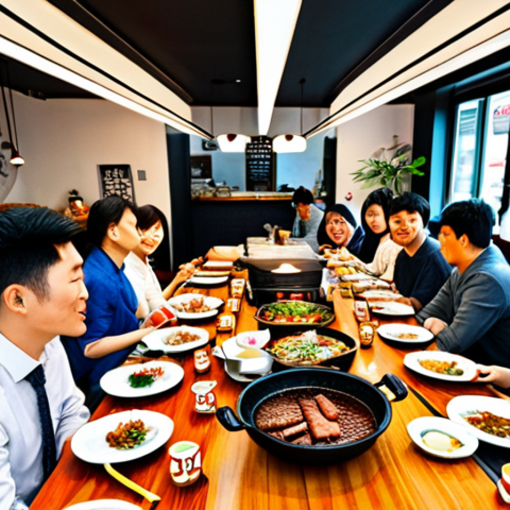 **

A bustling Korean BBQ restaurant in Berlin, Germany. Tables filled with families enjoying a meal, grills in the center with marinated meats sizzling.  The restaurant is brightly lit with modern Korean décor. People are fully clothed in casual, stylish attire.  Safe for work, appropriate content, fully clothed, family-friendly, professional photography, perfect anatomy, natural proportions.

**