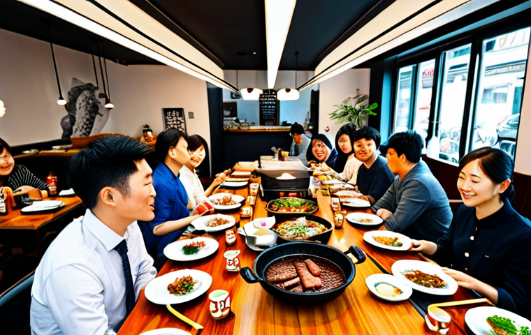 **
A bustling Korean BBQ restaurant in Berlin, Germany. Tables filled with families enjoying a meal, grills in the center with marinated meats sizzling. The restaurant is brightly lit with modern Korean décor. People are fully clothed in casual, stylish attire. Safe for work, appropriate content, fully clothed, family-friendly, professional photography, perfect anatomy, natural proportions.
**