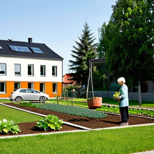 Home 19 "A multi-generational housing community in Germany. Grandparents are gardening with their grandchildren in a shared garden while a student helps an elderly resident with groceries near a modern, eco-friendly building. Illustrate a sense of community and intergenerational support, fully clothed, safe for work, appropriate content, professional, modest, family-friendly, perfect anatomy, natural proportions, vibrant colors, daytime setting, high quality."