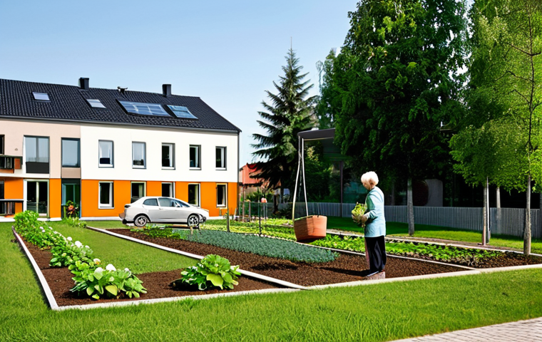 "A multi-generational housing community in Germany. Grandparents are gardening with their grandchildren in a shared garden while a student helps an elderly resident with groceries near a modern, eco-friendly building. Illustrate a sense of community and intergenerational support, fully clothed, safe for work, appropriate content, professional, modest, family-friendly, perfect anatomy, natural proportions, vibrant colors, daytime setting, high quality."