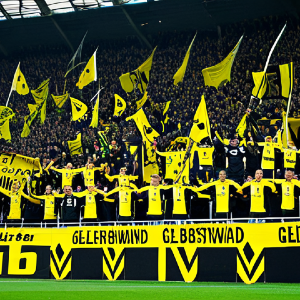 분데스리가 명문 구단 - **Prompt:** A bustling stadium scene in Dortmund, Germany, featuring the "Gelbe Wand" (Yellow Wall) ...