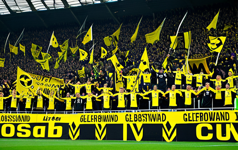 분데스리가 명문 구단 - **Prompt:** A bustling stadium scene in Dortmund, Germany, featuring the "Gelbe Wand" (Yellow Wall) ...