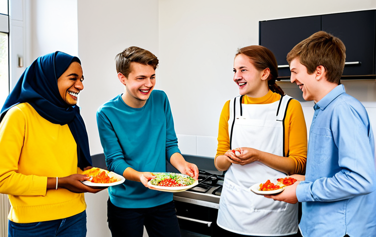 독일에서 학생으로 생활하기 - Studentenwohnheim Community**
"A diverse group of fully clothed students in modest attire, laughing...